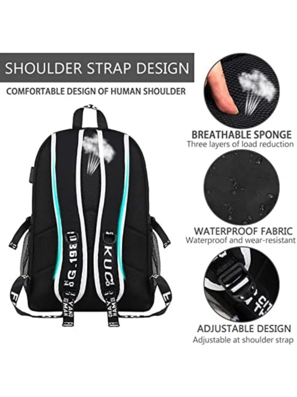 Anime Print School Backpack for Boys & Teens - Large Reflective Daypack with USB